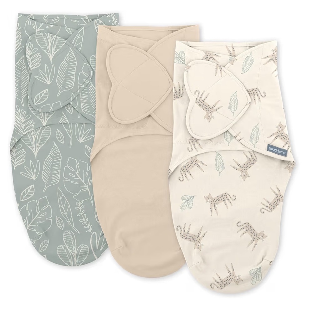 3-Pack SwaddleMe Baby Swaddle Wraps 0-3 M 7-14 lbs with prints and tan